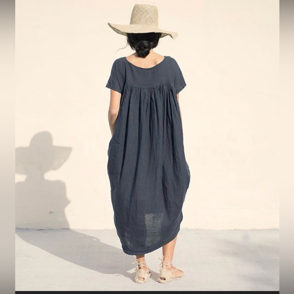 Black Crane Linen Cocoon Dress